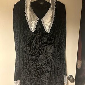 Dolls Kill Black Velvet Mini Dress with White Collar 1X Wednesday